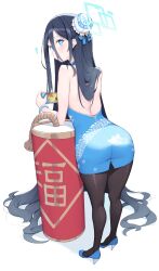 ! 1girl absurdly_long_hair absurdres arched_back aris_(blue_archive) ass back bad_anatomy bad_perspective bangle bell black_hair blue_archive blue_dress blue_eyes blue_footwear blue_nails blue_ribbon blush bracelet bright_pupils bun_cover cloba closed_mouth commentary dragon_print dress from_behind full_body hair_bell hair_between_eyes hair_ornament hair_ribbon halo high_heels highres holding jewelry leaning_forward long_hair long_hair_between_eyes looking_at_viewer looking_back nail_polish pantyhose ribbon simple_background solo standing very_long_hair white_background white_pupils