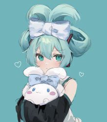 Rule 34 | 1girl, :&lt;, aqua background, aqua eyes, aqua hair, black sleeves, blue bow, blush, bow, cinnamiku, cinnamoroll, commentary request, detached sleeves, ear bow, eyes visible through hair, fuwa fuwa cinnamoroll, hair between eyes, hair bow, hair rings, hatsune miku, headphones, heart, heart background, highres, hug, long sleeves, looking at viewer, s000usuke, sanrio, shirt, short hair, sidelocks, sleeveless, sleeveless shirt, sleeves past fingers, sleeves past wrists, solo, updo, upper body, v-shaped eyebrows, vocaloid, white shirt