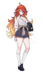 Rule 34 | 1girl, absurdres, ahoge, alternate costume, bag, black bag, black bra, black skirt, blonde hair, bra, breasts, cleavage, collared shirt, commentary, english commentary, full body, genshin impact, highres, large breasts, long hair, mavuika (genshin impact), miclipse, multicolored hair, partially unbuttoned, pleated skirt, red eyes, red hair, see-through clothes, see-through shirt, shirt, shoulder bag, simple background, skirt, sleeves rolled up, socks, solo, standing, symbol-shaped pupils, underwear, very long hair, white background, white shirt, white socks