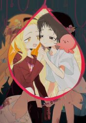 2girls :d black_hair black_hairband black_socks blonde_hair blue_shorts blush brown_eyes bruise creature forehead hairband hand_up highres holding holding_hands holding_pen injury kirarazaka_marina knees_up kuze_shizuka long_hair long_sleeves looking_at_another multiple_girls noose open_mouth pen print_shirt red_shirt shirt short_hair short_sleeves shorts siomimi sitting smile socks straight_hair t-shirt takopii takopii_no_genzai tearing_up white_shirt yellow_eyes
