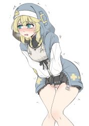 1boy absurdres bare_legs between_legs blonde_hair blue_eyes blush bridget_(guilty_gear) c_bottle crossdressing feet_out_of_frame fingerless_gloves gloves guilty_gear guilty_gear_strive hand_between_legs have_to_pee highres hood hood_up hoodie knees_together_feet_apart long_hair male_focus miniskirt open_mouth shorts shorts_under_skirt skirt solo sweat trap trembling white_background