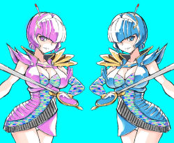 2girls blue_eyes blue_hair denji_sentai_megaranger hizumina multiple_girls purple_eyes purple_hair rapier shibolena super_sentai sword weapon yonecchi