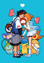 1boy 1girl absurdres aipom ash_ketchum asymmetrical_hair azurill banana69281 blush bulbasaur casual closed_eyes creatures_(company) denim denim_shorts game_freak gen_1_pokemon gen_2_pokemon gen_3_pokemon gym_leader hair_tie heart hetero highres hug kiss legs luvdisc misty_(pokemon) nintendo orange_hair pikachu pokemon pokemon_(anime) pokemon_(classic_anime) ponytail psyduck shirt short_hair short_shorts shorts side_ponytail skirt smile solo staryu suspender_shorts suspenders tank_top yellow_shirt
