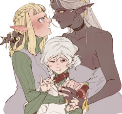 1boy 2girls bags_under_eyes blue_eyes blush braid breast_press breasts cithis cloak dark-skinned_female dark_elf dark_skin dungeon_meshi eating elf food green_cloak green_shirt hair_around_ear hand_in_another&#039;s_hair large_breasts looking_at_viewer mithrun multiple_girls notched_ear pattadol pointy_ears shirt smile upper_body yellow_eyes yummikkan yuri