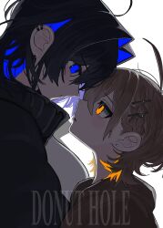 2girls ahoge black_hair black_jacket blue_eyes blue_hair brown_hair donut_hole_(vocaloid) earrings eye_contact hair_intakes height_difference highres hololive hololive_english hood hoodie imminent_kiss jacket jewelry looking_at_another multiple_girls nanashi_mumei official_alternate_costume orange_eyes ouro_kronii shirt virtual_youtuber white_shirt yuri yuuppi