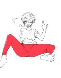 1boy androgynous barefoot bishounen cigarette eyeliner feet full_body greyscale high_school_boy highres hong_iltak looking_at_viewer makeup male_focus middle_finger monochrome one_eye_closed pants parkgee red_eyeliner red_pants sanpaku short_hair simple_background smoking spot_color white_background