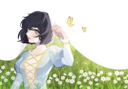 1girl black_hair breasts bug butterfly cassandra_(tangled) choker clenched_hand dress flower grass green_eyes hair_between_eyes hand_up insect medium_breasts red_lips short_hair solo tangled rapunzel&#039;s_tangled_adventure upper_body user_aypm5888