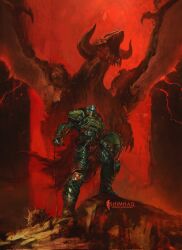 1boy armlet armor armored_boots blood blood_on_ground boots cape chain cloak doom:_the_dark_ages doom_(series) doomguy dragon green_armor helmet highres holding holding_shield holding_weapon jewelry mace red_background shield shimhaq shoulder_armor shoulder_spikes signature spiked_armlet spiked_boots spiked_shield spikes torn_cape torn_clothes weapon