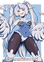 Rule 34 | 1girl, absurdres, ahoge, bare shoulders, bird, black pantyhose, blue background, blush, breasts, commentary, commission, curryta-art, earrings, english commentary, feathered wings, feathers, floating earrings, frieren, green eyes, grey hair, harpy, highres, jewelry, leotard, long hair, monster girl, monsterification, navel, pantyhose, parted bangs, pointy ears, small breasts, solo, sousou no frieren, teardrop earrings, twintails, two-tone background, white background, white feathers, white hair, white leotard, winged arms, wings