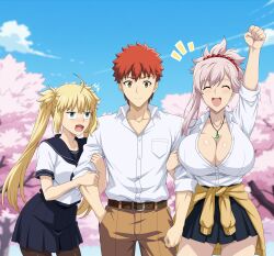 1boy 2girls absurdres ahoge artoria_caster_(fate) artoria_pendragon_(fate) asymmetrical_hair blonde_hair blush breasts cleavage earrings emiya_shirou fate/grand_order fate/stay_night fate_(series) green_eyes hair_ornament highres holding huge_breasts jewelry long_hair miyamoto_musashi_(fate) multiple_girls open_mouth orange_hair pink_hair ponytail red_hair reiichi_543448 ribbon shirt short_hair small_breasts smile swept_bangs thighhighs twintails yellow_eyes