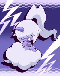 absurdres cloud colored_skin creature creature_focus dazzi drop_shadow gradient_background grin hair_flaps hair_over_eyes halftone halftone_background hand_on_own_chin hand_up highres lightning_background long_hair no_humans pal_(creature) palworld ponytail purple_background purple_skin shan_grila smile solo strapless tube_top unicorn_horn white_hair