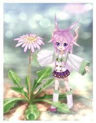 1girl axiacid border collared_shirt commentary_request flower full_body hair_between_eyes hair_ears hair_flaps hair_ornament highres long_hair long_pointy_ears long_sidelocks long_sleeves looking_at_viewer loose_socks mini_person minigirl open_mouth original outstretched_arms pink_hair pleated_skirt pointy_ears purple_eyes purple_flower purple_skirt ribbon-trimmed_sleeves ribbon-trimmed_socks ribbon_trim shirt shoes sidelocks skirt sleeves_past_wrists smile socks solo spread_arms standing star-shaped_pupils star_(symbol) star_hair_ornament suzuka_sutera_(axiacid) symbol-shaped_pupils very_long_hair white_border white_shirt white_shoes white_socks wide_sleeves