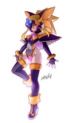 1girl bare_shoulders bass_(mega_man) bass_(mega_man)_(cosplay) bingshan black_headwear black_leotard black_sleeves black_thighhighs blonde_hair blue_boots boots breasts cameltoe commentary_request cosplay covered_erect_nipples covered_navel detached_sleeves forehead_jewel glowing glowing_eyes grey_leotard high_ponytail highleg highleg_leotard highres leotard looking_at_viewer mega_man_(classic) mega_man_(series) mega_man_zx ponytail red_eyes roll_(mega_man) signature small_breasts solo thighhighs weapon