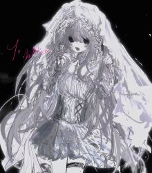 1girl akama_chlorine beads black_background black_eyes dress fang flower frilled_vest frills grey_corset grey_dress grey_hair hair_between_eyes hands_up highres long_hair messy_hair no_pupils open_mouth original simple_background skin_fang smile solo thigh_strap veil very_long_hair vest white_flower white_veil
