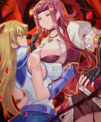 bare_shoulders black_gloves blonde_hair blue_gloves breast_on_breast breasts choker cleavage falling_petals fingerless_gloves from_behind gloves izayoi_sakuya long_hair looking_at_another looking_down looking_up petals sweat tenjouin_asuka very_long_hair yu-gi-oh! yu-gi-oh!_5d&#039;s yu-gi-oh!_gx zackpyo