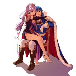 1boy 1girl armor blue_cape blue_eyes blue_hair boots breasts cape cleavage commission dress earrings fire_emblem fire_emblem:_genealogy_of_the_holy_war flower hair_flower hair_ornament headband high_heels highres ishtar_(fire_emblem) ishtar_(fire_emblem)_(echoing_thunder) jewelry long_hair long_sleeves looking_at_viewer mango_(mgosketches) nintendo official_alternate_costume pants ponytail purple_eyes purple_hair red_cape seliph_(fire_emblem) seliph_(scion_of_light)_(fire_emblem) shadow shoulder_armor simple_background sitting sitting_on_lap sitting_on_person smile thighs very_long_hair white_background white_cape white_headband white_pants