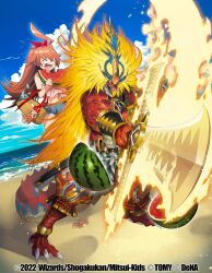 1girl ahoge armor bag beach brown_hair camisole closed_eyes cloud copyright_notice crab denim denim_shorts dragon dragon_tail duel_masters duel_masters_play&#039;s eating fire flaming_weapon flute food food_on_face frilled_camisole frills fruit genji_xx hair_ribbon high_ponytail highres holding holding_food holding_fruit holding_sword holding_watermelon holding_weapon huge_ahoge instrument ishibashi_yosuke japanese_armor kokko_rupiko long_hair ocean official_art open_mouth orange_hair outdoors pink_camisole ponytail recorder red_ribbon ribbon sand shark_tooth sheath sheathed shorts smile suikawari sword tail teeth tote_bag upper_teeth_only very_long_hair watermelon weapon