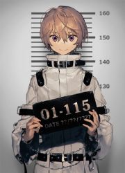 1boy bad_id bad_tumblr_id belt blonde_hair closed_mouth height_chart hirota_tsuu holding holding_sign long_sleeves looking_at_viewer male_focus mugshot original purple_eyes sign smile solo straitjacket upper_body wide_sleeves