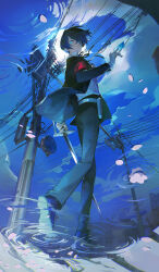 Rule 34 | 1boy, absurdres, armband, black jacket, black pants, blue eyes, blue hair, blue sky, card, cloud, commentary request, floating hair, gekkoukan high school uniform, glowing, glowing eyes, headphones, highres, holding, holding card, holding sword, holding weapon, jacket, looking back, pants, parted lips, persona, persona 3, power lines, red armband, ripples, s.e.e.s, school uniform, shirt, shoes, sky, solo, sword, tarot, tarot card, utility pole, walking, water, weapon, white shirt, yhsg, yuuki makoto (persona 3)