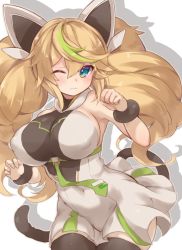1girl bad_id bad_pixiv_id bare_shoulders black_thighhighs blonde_hair blue_eyes blush breasts covered_erect_nipples female_focus gene_(pso2) green_hair large_breasts long_hair multicolored_hair one_eye_closed phantasy_star phantasy_star_online_2 pokoten_(pokoten718) simple_background solo tail thighhighs twintails two-tone_hair white_background wince