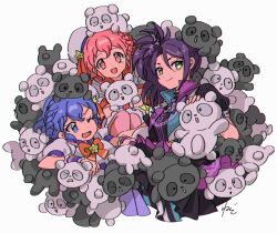 1boy 2girls :d blue_eyes blue_hair braid brother_and_sister buried closed_mouth commentary dorothy_west hat idol_clothes knees_up long_hair looking_at_viewer mole mole_under_eye multiple_girls one_eye_closed open_mouth pink_eyes pink_hair pretty_series pripara puffy_short_sleeves puffy_sleeves purple_hair reona_west rituyama1 sailor_hat shirt short_hair short_sleeves siblings side_braid side_ponytail sitting smile stuffed_animal stuffed_toy symbol-only_commentary teddy_bear too_many toudou_shion trap twins white_background white_hat white_shirt yellow_eyes