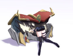 1girl absurdres ass bare_shoulders black_hair black_shoes black_shorts black_thighhighs commentary english_commentary female_rover_(wuthering_waves) frieren_stuck_in_a_mimic_(meme) highres lower_body luizhtx meme mimic mimic_chest rover_(wuthering_waves) shoes shorts simple_background stuck thighhighs thighs vore white_background wuthering_waves