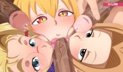 Rule 34 | 3boys, 3girls, :&gt;=, absurdres, ahoge, blonde hair, blue eyes, blush, boku no hero academia, brown eyes, dark-skinned male, dark skin, fellatio, furinji miu, glasses, gym, h-lab, highres, horns, kobayashi-san chi no maidragon, licking, licking penis, long hair, looking at viewer, multiple boys, multiple girls, open mouth, oral, orange eyes, penis, penis awe, precum, shijou saikyou no deshi ken&#039;ichi, short hair, sportswear, tohru (maidragon), tongue, tongue out, twintails, utsushimi kemii