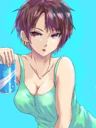 1girl artist_request blue_background breasts cleavage earrings jewelry large_breasts short_hair simple_background tagme tank_top