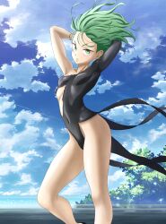 1girl absurdres armpits arms_up black_dress dress female_focus green_eyes green_hair highres bad_tag loli looking_at_viewer one-punch_man outdoors pants psychic shirt solo standing tatsumaki thighs torn torn_clothes torn_pants torn_shirt