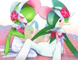 2boys aguruma_(yukisita03) arm_blade blush bob_cut bonnet colored_skin cosplay flower gallade gardevoir gardevoir_(cosplay) gardevoir_(fashionable) gen_1_pokemon gen_3_pokemon gen_4_pokemon green_hair green_skin hair_over_one_eye hat hat_flower heart heart-shaped_pillow looking_at_viewer minun multicolored_skin multiple_boys nintendo pikachu pillow pink_eyes pink_flower plusle pokemon pokemon_(creature) pokemon_unite two-tone_skin weapon white_bonnet white_skin