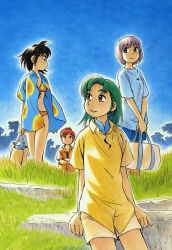 4girls absurdres alternate_costume aqua_one-piece_swimsuit aqua_shirt aqua_sleeves ashinano_hitoshi bag bare_legs bikini black_bikini black_hair blue_shorts brown_bag closed_mouth collar collared_shirt crossed_arms day fingernails floral_print_shirt grass green_hair hatsuseno_alpha highres holding holding_bag long_hair makki maruko_maruko multiple_girls official_art on_rock one-piece_swimsuit open_clothes open_shirt orange_bikini orange_collar orange_shirt orange_sleeves outdoors profile purple_eyes purple_hair red_hair rock shirt short_hair short_shorts short_sleeves shorts sitting smile standing swimsuit swimsuit_under_clothes t-shirt takatsu_kokone teeth third-party_source traditional_media upper_body walking wing_collar yellow_collar yellow_shirt yellow_shorts yellow_sleeves yokohama_kaidashi_kikou