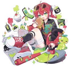 1boy absurdres ahoge ass asymmetrical_legwear bandaged_leg bandages black_shirt black_socks braid brown-tinted_eyewear burger cellphone commission cotono_(nazekun) cup cupcake dinosaur disposable_cup eyewear_on_head fishnet_thighhighs fishnets food green_eyes highres holding holding_baton holding_burger holding_food indie_virtual_youtuber jacket jewelry letterman_jacket looking_at_viewer male_focus manhole mismatched_legwear multiple_rings necklace off_shoulder open_mouth phone red_hair red_jacket red_shoes ring shirt shoes sidelocks simple_background single_thighhigh skeb_commission smile sneakers socks solo sparkle sunglasses thigh_strap thighhighs tinted_eyewear trash_can twin_braids virtual_pet_(toy) virtual_youtuber watermark white_background yamori_8cm