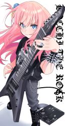 1girl black_boots black_metal black_nails black_shirt blue_eyes bocchi_the_rock! boots bracelet chain commentary_request electric_guitar foot_out_of_frame german_commentary goth_fashion gotoh_hitori grey_pants guitar guitar_hero hair_ornament heavy_metal highres holding holding_instrument holding_plectrum instrument irreligiositat jackson_guitars jewelry long_hair looking_at_viewer music one_side_up pants pink_hair playing_guitar playing_instrument plectrum record record_jacket ring shirt short_sleeves simple_background skull_hair_ornament skull_ring solo spectral_wound_(band) spiked_bracelet spikes standing t-shirt very_long_hair white_background