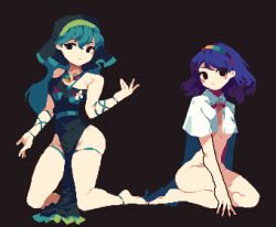 2girls 4qw5 ankleband apron aqua_belt aqua_hair aqua_ribbon arm_ribbon arm_up barefoot belt black_background black_eyes blue_hair breasts cape green_apron green_headscarf green_headwear groin hairband haniyasushin_keiki headscarf jewelry kneeling long_hair looking_at_viewer magatama magatama_necklace medium_breasts medium_hair multicolored_hairband multiple_girls naked_apron naked_cape necklace pixel_art rainbow_order ribbon seiza simple_background sitting tenkyuu_chimata thigh_strap touhou white_cape wristband