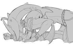 2boys arm_support bracelet clenched_hand commentary_request covered_eyes fingernails fins fish_boy greyscale head_fins interspecies jewelry kneeling link lying male_focus monochrome multiple_boys nintendo on_back open_mouth sharp_fingernails short_hair sidon simple_background size_difference teto_ten the_legend_of_zelda the_legend_of_zelda:_breath_of_the_wild tongue tongue_out tunic white_background yaoi zora