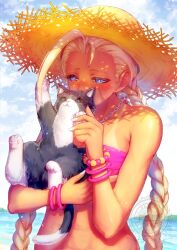 1girl 1other animal beach bikini blonde_hair bracelet braid cammy_white cat facial_scar hat highres holding holding_animal holding_cat jewelry kodue55 low_twin_braids necklace ocean official_alternate_costume pink_bikini scar scar_on_cheek scar_on_face strapless strapless_bikini straw_hat street_fighter street_fighter_6 swimsuit tan tanline twin_braids upper_body