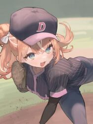 :3 baseball_cap baseball_glove baseball_uniform blue_eyes hat highres igarashi_rika nijisanji orange_hair pitching sportswear virtual_youtuber wata_midori