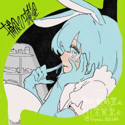 1girl animal_ears black_background blue_eyes blue_gloves blue_hair border coyagi elbow_gloves from_side gloves green_border hand_on_own_chin hands_up highres hoshoku_hihoshoku_(vocaloid) icing_on_face iyowa_girls licking_own_finger looking_at_viewer looking_to_the_side medium_hair portrait profile puffy_short_sleeves puffy_sleeves rabbit_ears rabbit_girl serving_dome shirt short_sleeves solo song_name tiered_tray tongue tongue_out upper_body watermark white_shirt