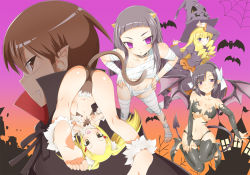 1boy 4girls animal_ears aoyama_mio bandages bare_shoulders barefoot bat_wings black_hair blonde_hair breasts cat_ears cat_tail cleavage demon_girl demon_tail elbow_gloves fangs feet foreshortening gloves hair_ornament hairclip halloween hat highres horns kami_nomi_zo_shiru_sekai katsuragi_keima kujou_tsukiyo long_hair lune_(kaminomi) multiple_girls navel purple_eyes smile soles tail toes twintails uemoto_sumire upside-down wings witch_hat yuto_(dialique)