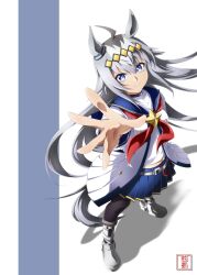 Rule 34 | 1girl, ahoge, animal ears, anime coloring, belt, black pantyhose, blue eyes, blue sailor collar, blue skirt, boots, brooch, closed mouth, commentary, ear ornament, grey belt, grey boots, grey hair, hair ornament, highres, horse ears, horse girl, horse tail, jewelry, kouji-nojima, long hair, long sleeves, midriff, miniskirt, navel, neckerchief, oguri cap (umamusume), pantyhose, pleated skirt, reaching, reaching towards viewer, red neckerchief, sailor collar, shirt, skirt, smile, solo, standing, star brooch, tail, umamusume, umamusume: cinderella gray, white shirt