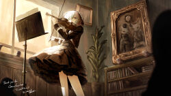 1girl absurdres black_dress black_headscarf book bookshelf bow_(music) closed_mouth commentary_request commission dress feet_out_of_frame from_below green_hair hair_between_eyes headscarf highres holding holding_instrument holding_violin indoors instrument long_sleeves looking_at_viewer mouse_(animal) music music_stand original picture_frame plant playing_instrument portrait_(object) potted_plant purple_eyes scenery senakira sheet_music silk skeb_commission solo spider_web standing thank_you violin window