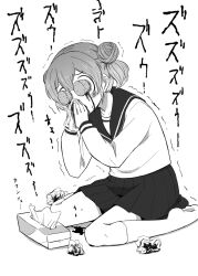 1girl 4shi blood blood_on_leg bloody_tears commentary_request cork dango-chan_(4shi) double_bun hair_bun highres holding_tissue hollow_eyes no_shoes nosebleed original pleated_skirt school_uniform serafuku sitting skirt socks solo tissue_box translation_request trembling wariza