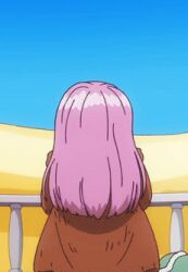 1girl animated animated_gif anime_screenshot ass ass_focus belt belt_buckle blue_sky buckle denim denim_shorts huge_ass jacket jewelry_bonney long_hair one_piece pink_hair shirt short_shorts shorts sitting sky solo suspenders transformation white_shirt wide_hips