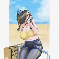 Rule 34 | 1girl, absurdres, bandaged arm, bandages, beach, black hair, black pants, blonde hair, blue eyes, blue shirt, blush, braid, breasts, cleavage, crop top, day, doro (nikke), fragile (nikke), goddess of victory: nikke, helmet, highres, huge breasts, ineedpuppy, key, long hair, multicolored hair, ocean, outdoors, pants, sand, shirt, sitting, sky, solo, twin braids, two-tone hair, water, yellow shirt