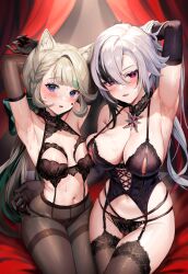 2girls animal_ears areola_slip arlecchino_(genshin_impact) armpits arms_up bare_shoulders black_choker black_gloves black_hair black_pantyhose black_thighhighs braid breasts cameltoe cat_ears choker commentary_request curtains elbow_gloves garter_straps genshin_impact gloves grey_hair highres hominamia large_breasts lingerie long_hair looking_at_viewer lynette_(genshin_impact) medium_breasts multicolored_hair multiple_girls navel nipple_slip nipples panties panties_over_garter_belt pantyhose parted_lips purple_eyes smile stomach streaked_hair thighband_pantyhose thighhighs underwear very_long_hair