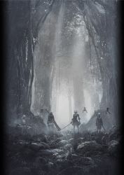 2boys 2girls black_dress blindfold book dress emil_(nier) feather-trimmed_sleeves floating forest grimoire_weiss highres huge_weapon looking_at_viewer monochrome multiple_boys multiple_girls nature nier nier_(series) nier_(brother) nier:automata official_art pod_(nier:automata) rock scenery short_hair silver_hair sitting standing sword tree weapon weapon_on_back white_dress yonah 2b_(nier:automata) 9s_(nier:automata)