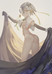 1girl ass bell black_gloves blonde_hair blush bottomless breasts capelet christmas club3 elbow_gloves fate/grand_order fate_(series) female_focus from_behind gloves hair_ribbon headpiece highres jeanne_d&#039;arc_(fate) jeanne_d&#039;arc_alter_(fate) jeanne_d&#039;arc_alter_santa_lily_(fate) looking_at_viewer looking_back ribbon short_hair sideboob signature small_breasts smile solo yellow_eyes