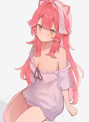 1girl animal_ears bare_shoulders blush breasts closed_mouth collarbone commentary dress highres hololive hololive_english large_breasts long_hair multicolored_hair off-shoulder_dress off_shoulder panther_ears panther_girl pink_hair raora_panthera short_sleeves simple_background sitting smile solo streaked_hair szuukie thighs two-tone_hair virtual_youtuber white_background white_dress yokozuwari