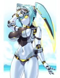 1girl blue_hair breasts colored_skin cowboy_shot hakidashi_11 large_breasts long_hair ocean phantasy_star phantasy_star_online_2 robot_girl solo twintails white_skin yellow_eyes