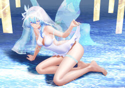 1girl absurdres bare_legs bare_shoulders barefoot blue_hair breasts cleavage closed_mouth colored_eyelashes commentary covered_navel dress feet hair_between_eyes highres large_breasts legs long_hair purple_eyes shorekeeper_(wuthering_waves) smile solo thighs toes veil white_dress white_veil wuthering_waves yuan_(xp1447998769)